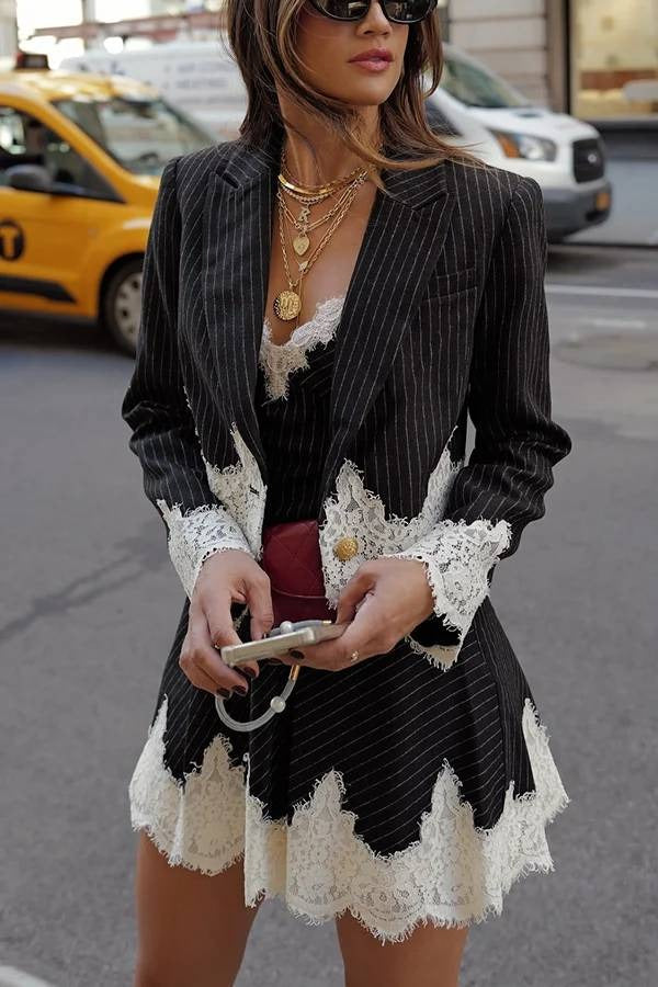 Pinstripe Lace Trim Blazer & Slip Mini Skirt 2 Piece Retro Office Set