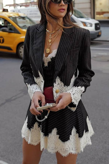 Pinstripe Lace Trim Blazer & Slip Mini Skirt 2 Piece Retro Office Set