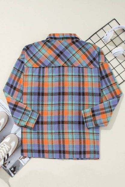Orange Plaid Print Pocket Loose Shirt
