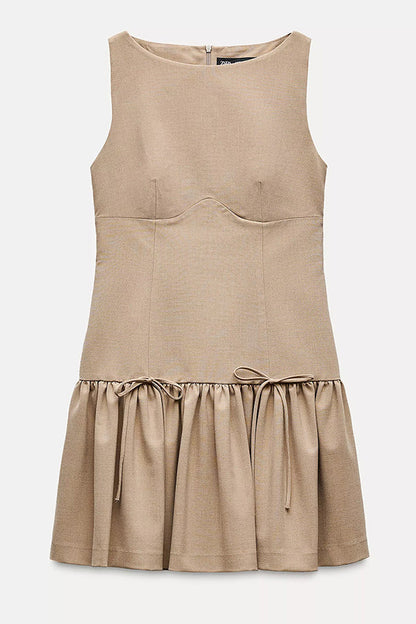 Velvet Bow Trim Drop Waist Gathered Pleated Mini Dress