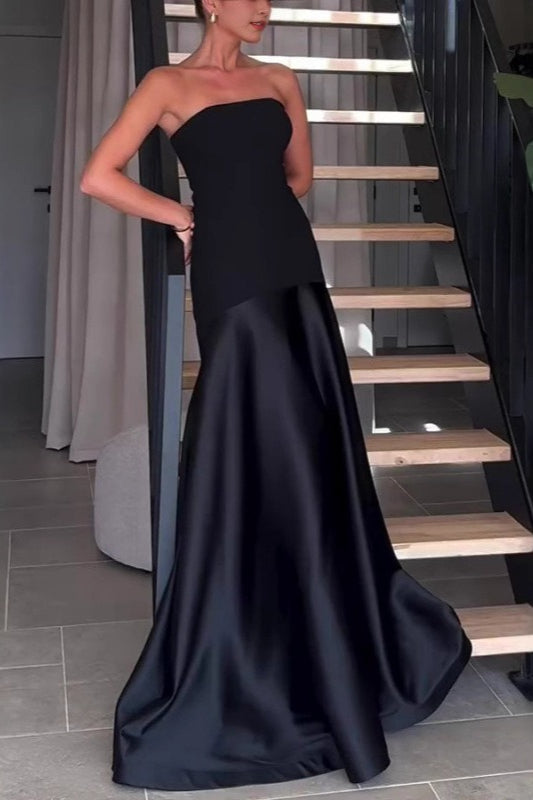 Strapless Satin Sleeveless Paneled Solid Formal Dress