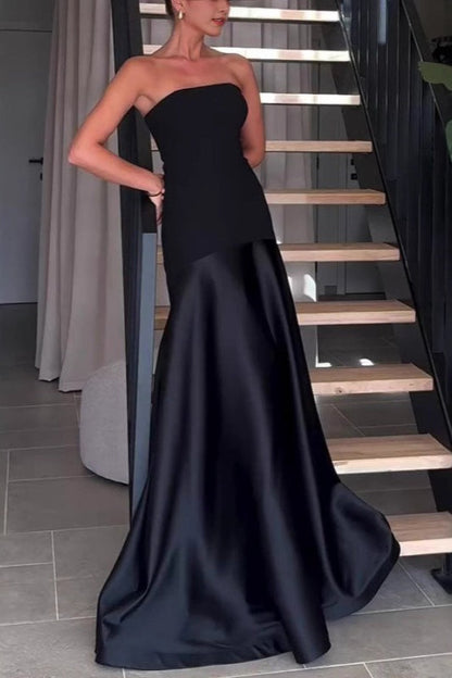 Strapless Satin Sleeveless Paneled Solid Formal Dress