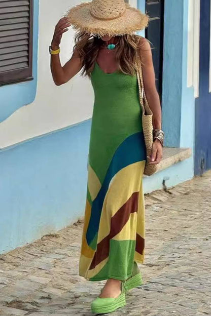 Knit Cami Color-Blocked Wave Panel Maxi Dress