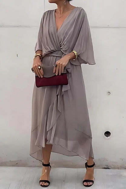 Deep V-Neck Flutter Sleeve Tie Waist Handkerchief Hem Midi Dress