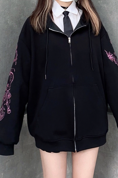 Printed Zip Vintage Black Casual Sporty Hoodie