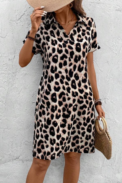 Collared V-Neck Leopard Print Short-Sleeve Straight Dress