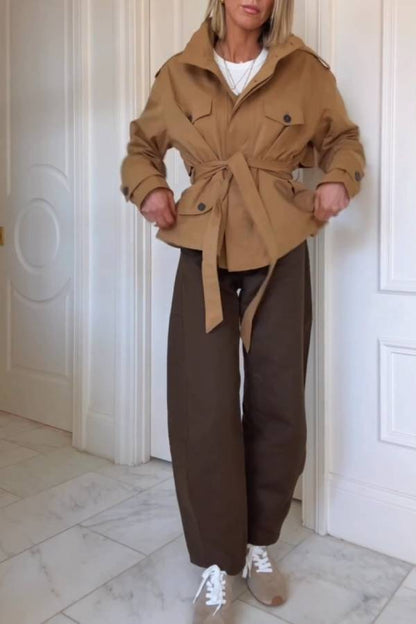 Camel tie waist short trench coat