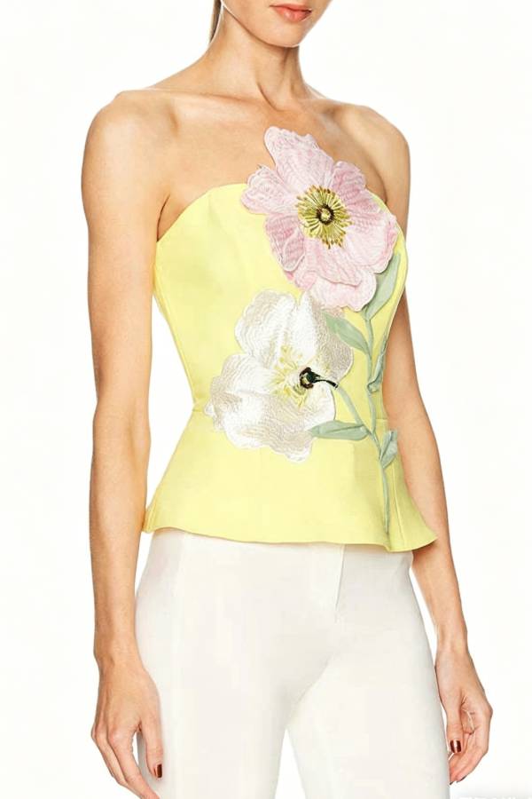 Create Beauty Flower Appliques Off Shoulder Tailored Waist Tank Top