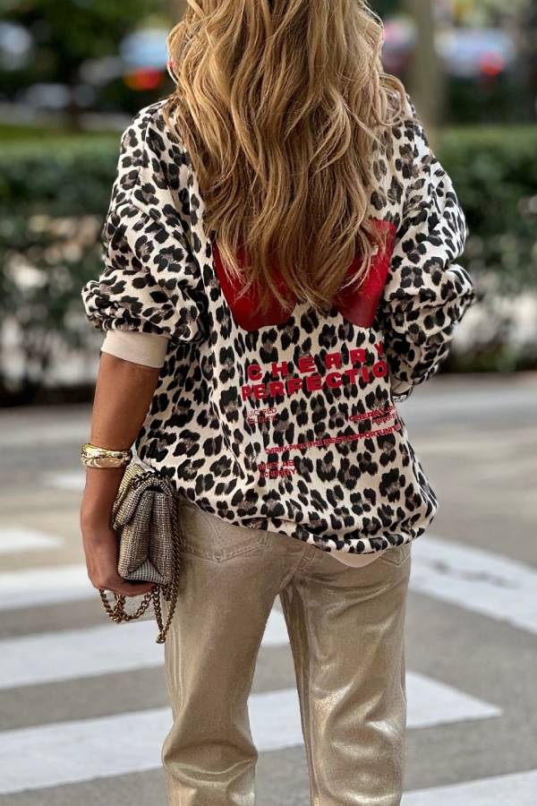 Leopard print cherry print oversized sweatshirt