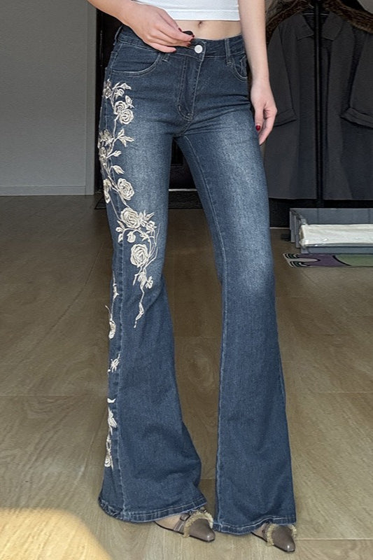 Rose Embroidered Low Rise Flare Leg Jeans