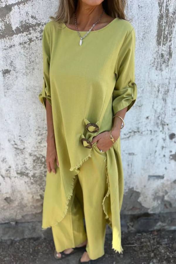 Linen-Style Asymmetrical Long Top + Wide-Leg Pants Set