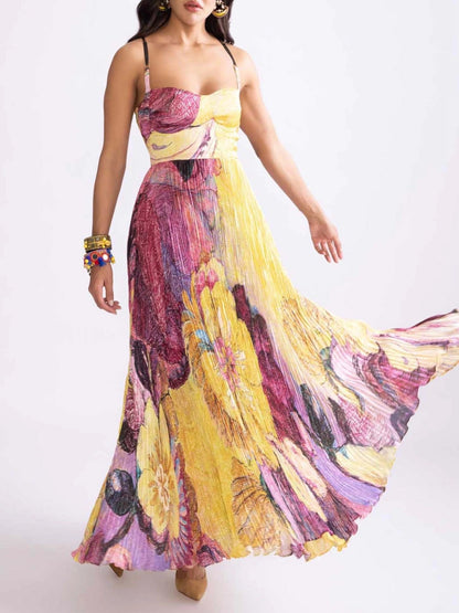 Spaghetti Strap Waisted Floral Print Swing Maxi Dress