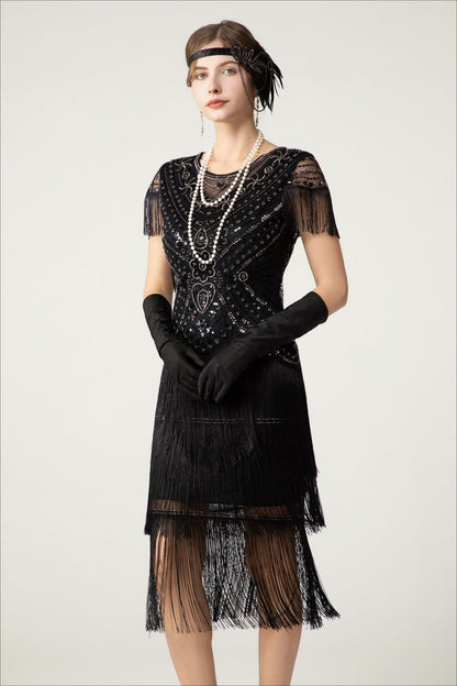 Sequin Short Sleeve Fringe Boho Dress
