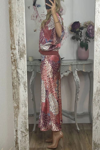 Satin Floral Print V-neck Half-sleeve Loose Top and Elegant Maxi Skirt Set