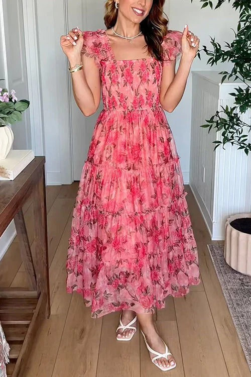 Square Neck Sleeveless Ruffle Tiered Midi Dress