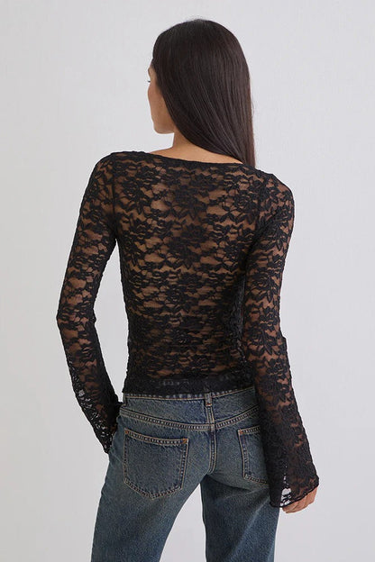 Floral Lace Deep V Long Sleeve Tee