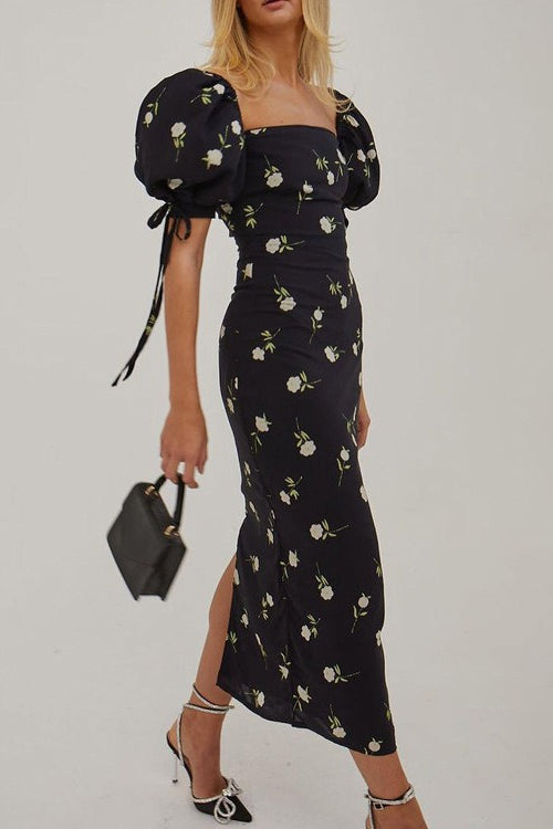 Off Shoulder Puff Sleeve Slim Floral Dress