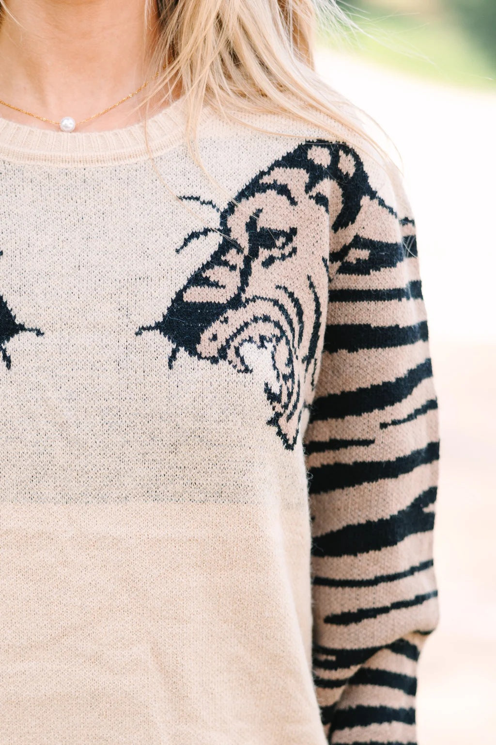 Oatmeal Tiger Printed Long Sleeve Sweater