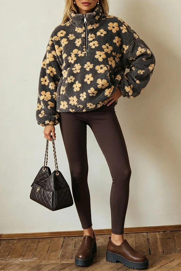 Colorblock Floral Pattern Teddy Bear Fleece Material Long Sleeve Kangaroo Pocket Zipper Sweatshirt
