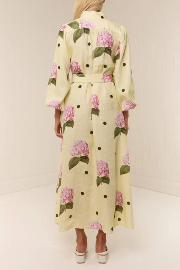 Collared Waist-Cinched Printed Maxi Shirt Dress