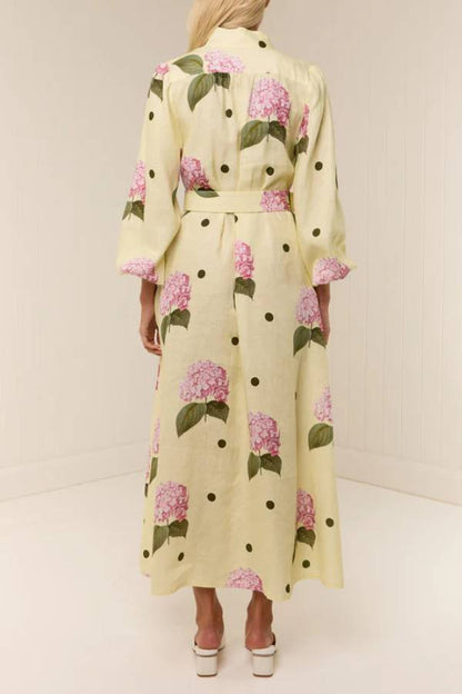 Collared Waist-Cinched Printed Maxi Shirt Dress