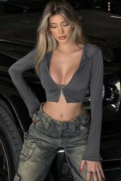 Cropped Fitted Zip Long Sleeve Hooded Sporty Hoodie