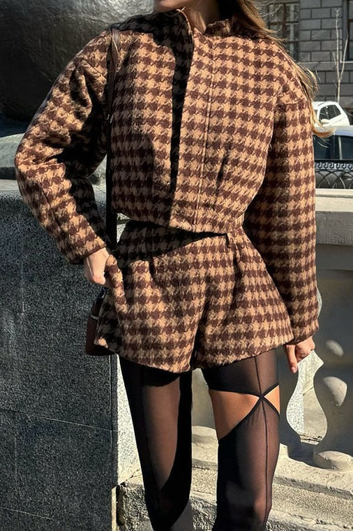 Stand Collar Cropped Two Piece Jacket Shorts Set