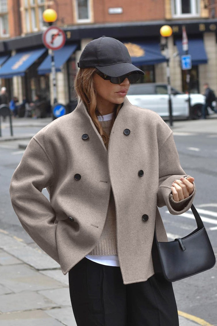 Brown Double Breasted Wool Blend Coat