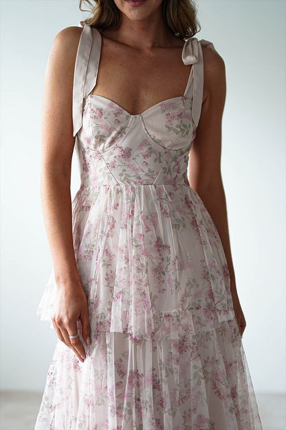 Pink Backless Strap Tiered Floral Dress