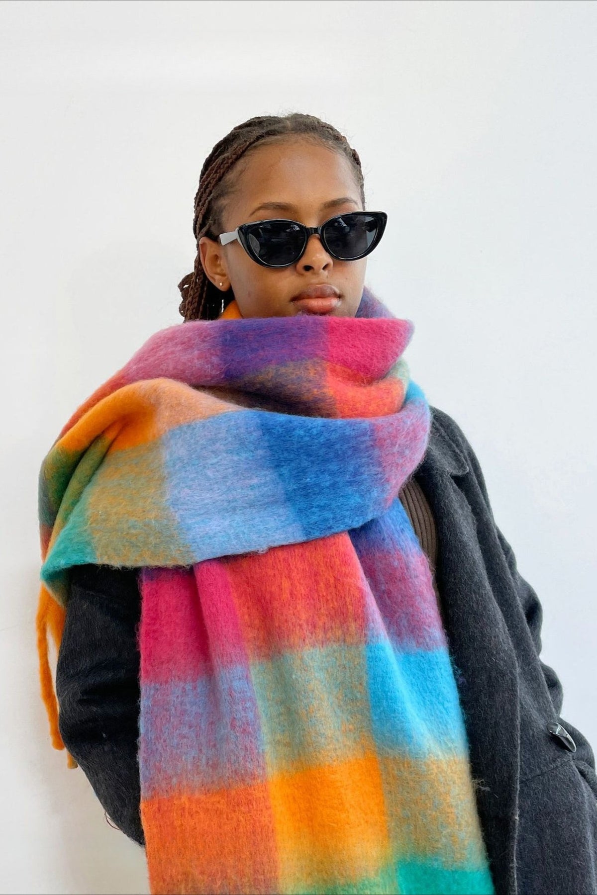 Long Plaid Mohair Fringe Wrap Scarf
