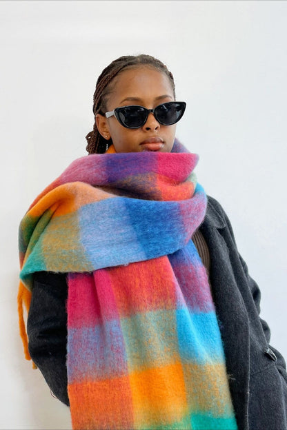 Long Plaid Mohair Fringe Wrap Scarf