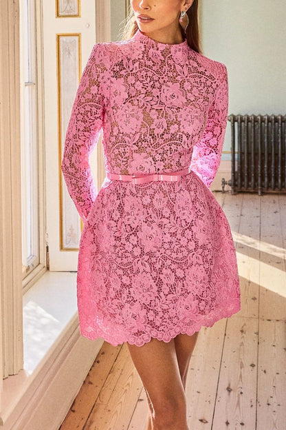 Champagne Toast Flower Lace Long Sleeve Bow Belted Mini Dress