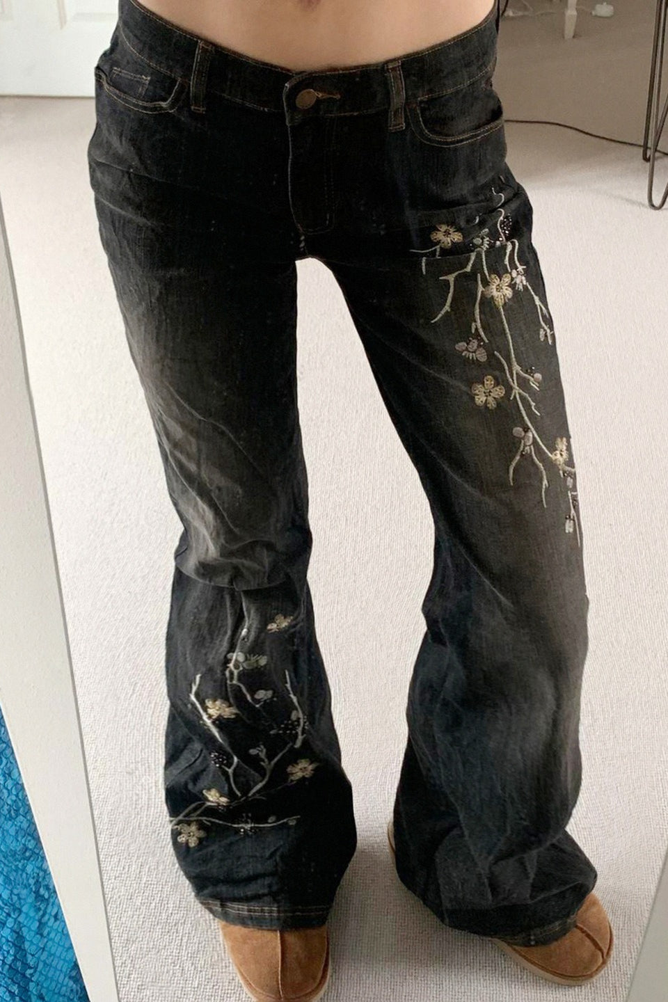 Floral Embroidered Low Rise Flare Jeans