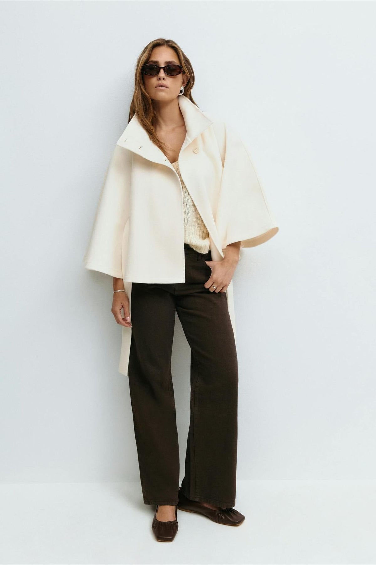 High Neck Button Detail Batwing Sleeve Coat