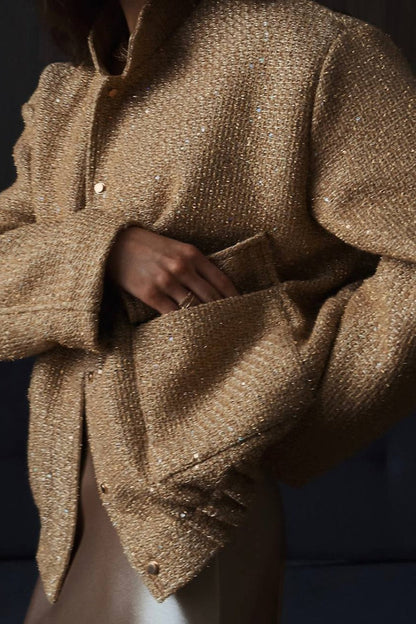 Metallic Sequined Stand Collar Coat