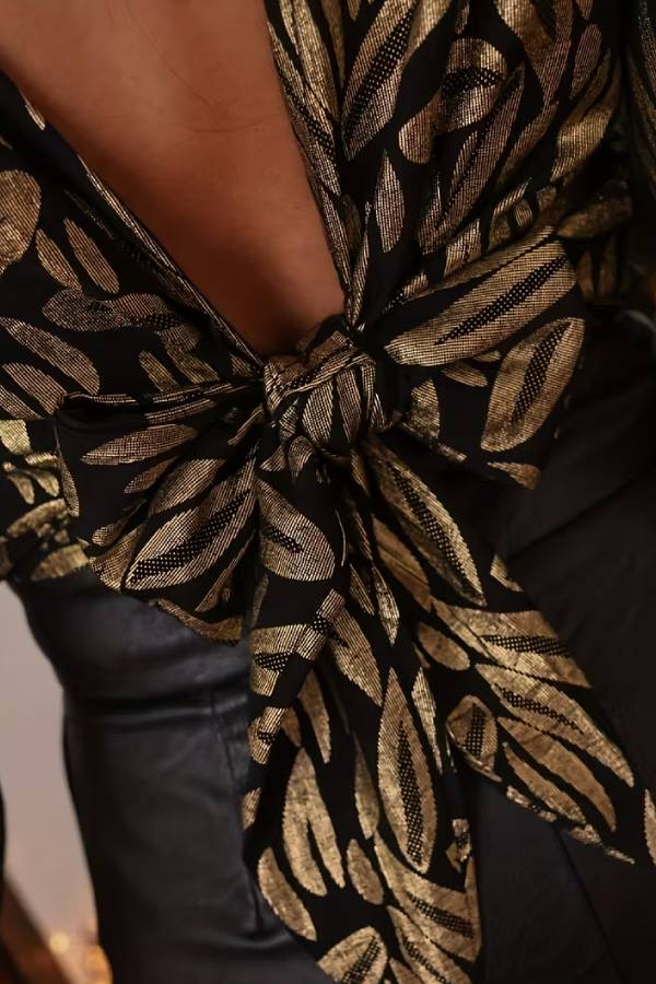 Black Gold Foil Leaf Print Back Tie Deep V Backless Puff Sleeve Crop Blouse
