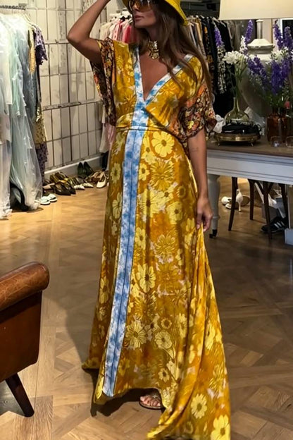 Boho Color-blocked Floral Print Wide Sleeve Tie-up Waist Pocket Maxi Dress