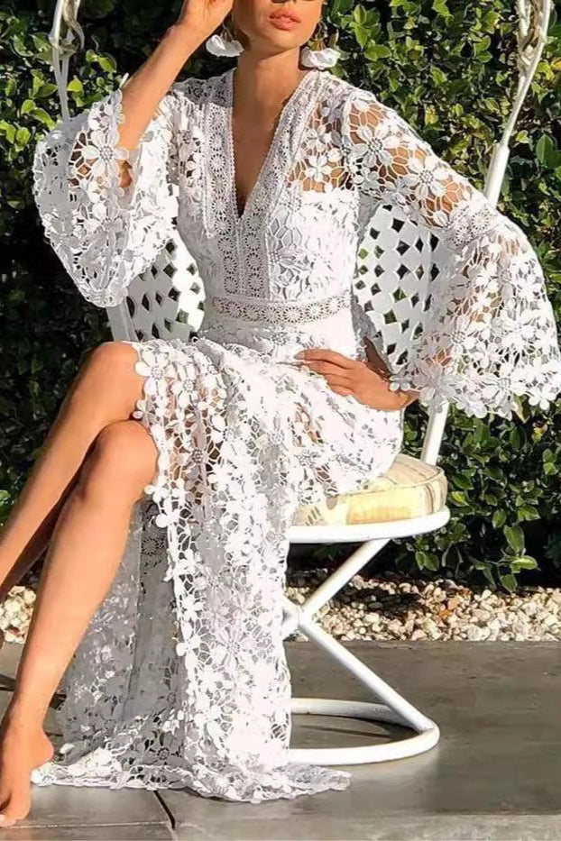 Backless Slim Lace Flare Maxi Boho Dress