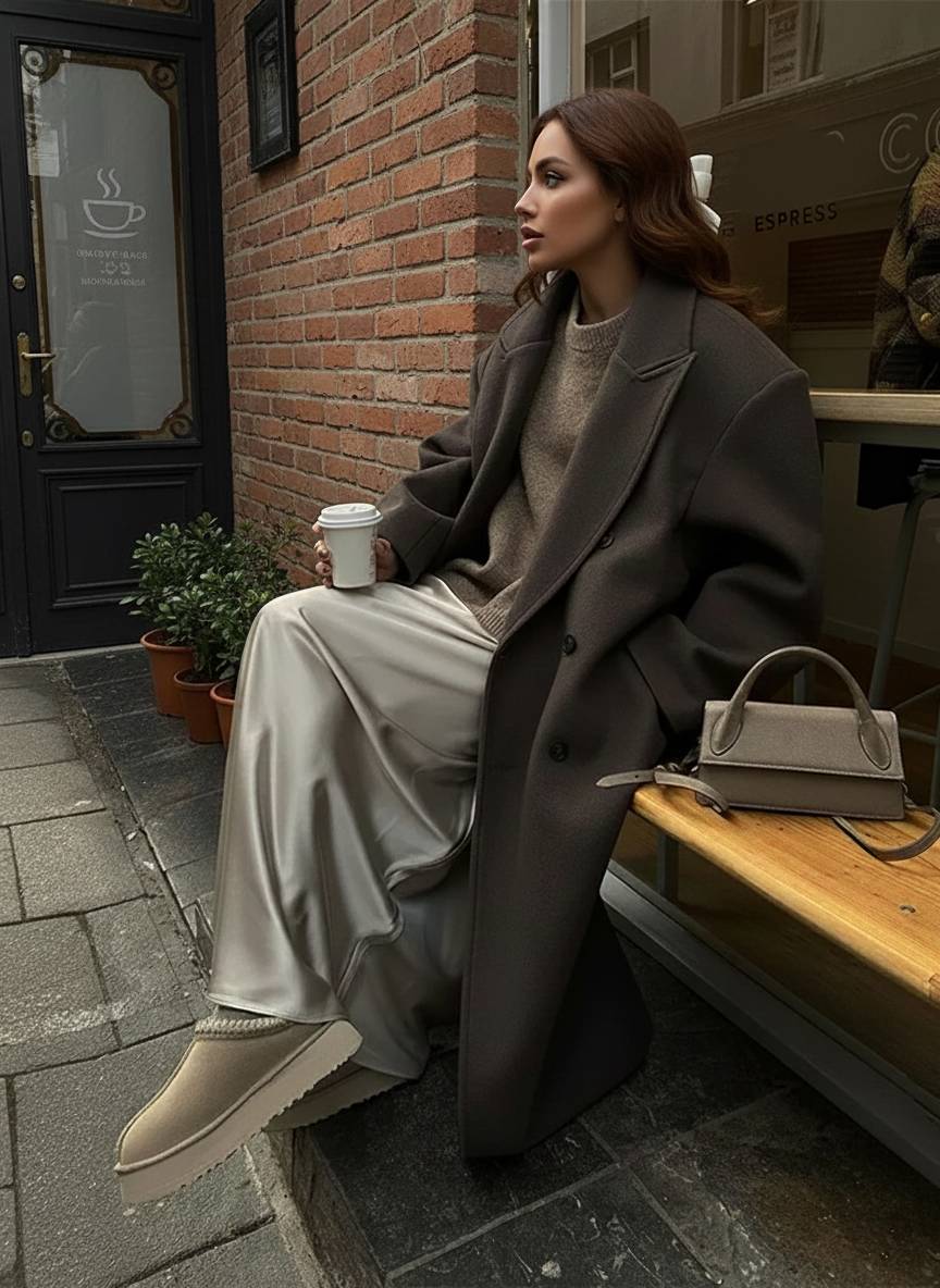 Solid Double-Breasted Turn-Down Overcoat
