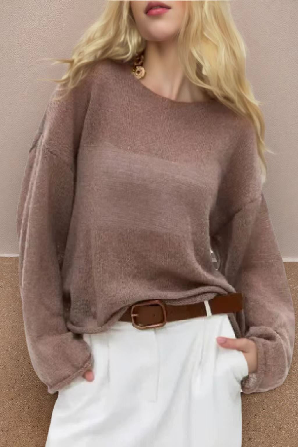 Openwork Round Neck Oversized Sweater