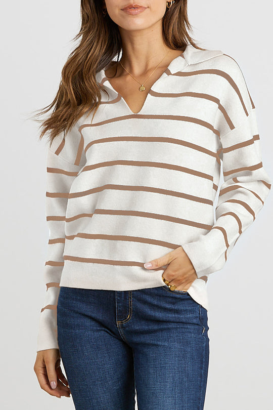Striped Long Sleeve Polo V Neck Pullover Sweater