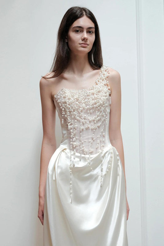 French Strapless Satin Pearl Prom Dress