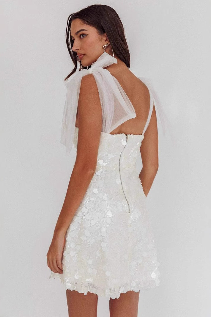 Low Cut Ribbon Slim Pink Sequin Dress