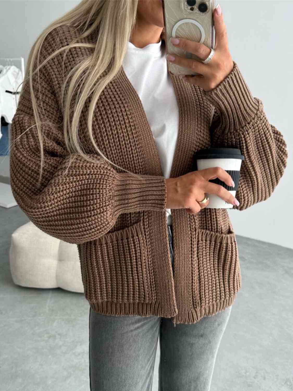 Solid Color V-neck Long-sleeved Casual Knitted Cardigan