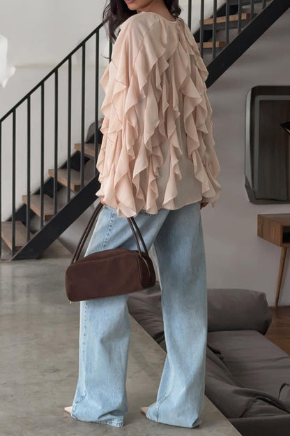 Ruffled Loose Tie Front Open Casual Blouse