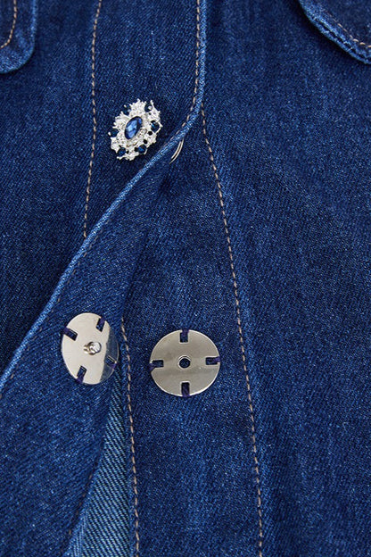 Rhinestone Collar Button Front Pleated Denim Mini Dress