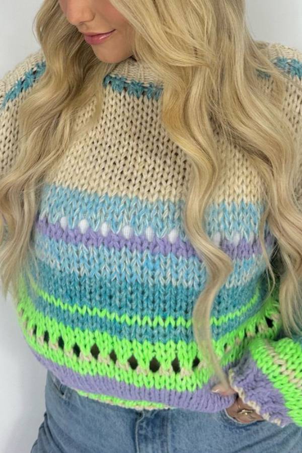 Rainbow Mood Multicolor Round Neck Hollow Long Sleeve Knitted Sweater