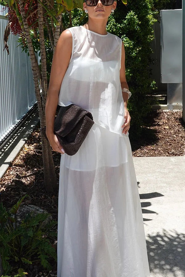 Lena Semi-sheer Irregular Hem Top and High Rise Side Zipper A-line Maxi Skirt Set