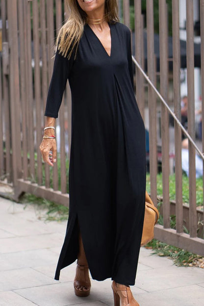 V-Neck Three Quarter Sleeve Relaxed Side Slit Maxi Dress