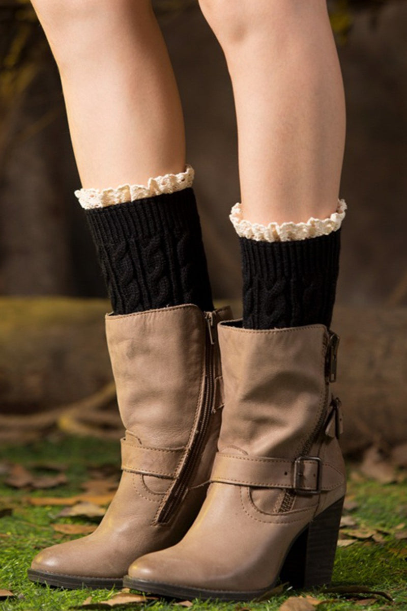 Crochet Lace Trim Cable Knit Boot Cuffs